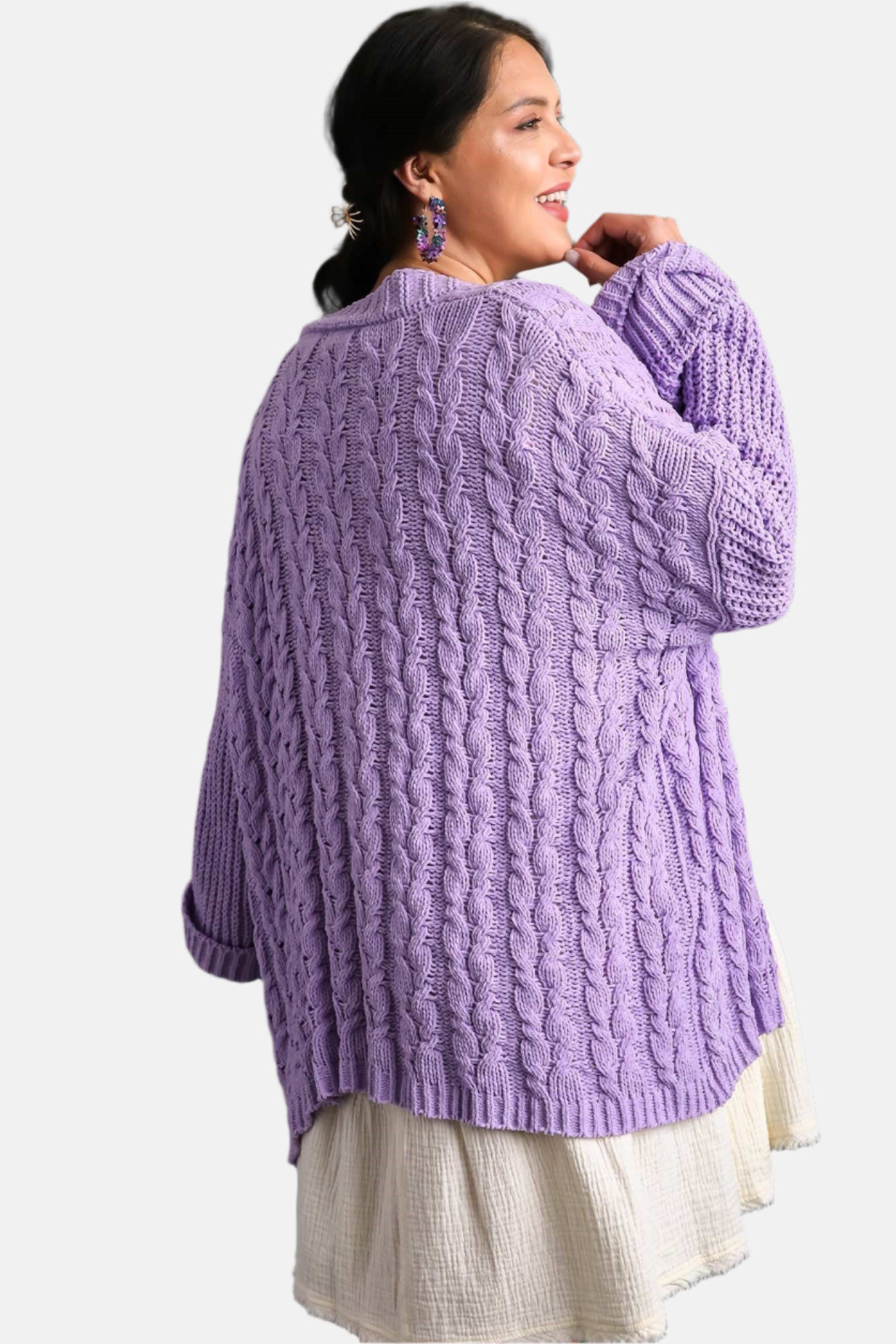 Cable Knit Open Front Long Sleeve Cardigan Lilac