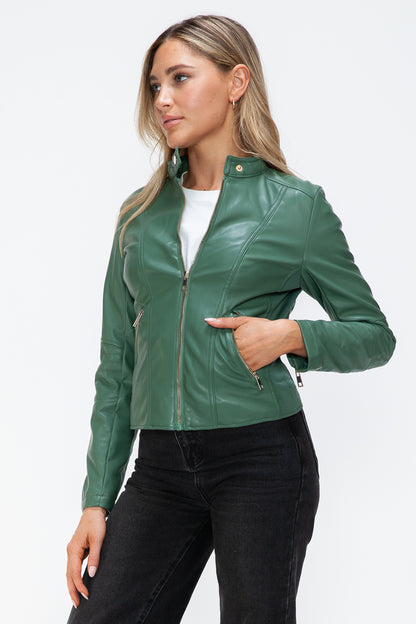 Sage Leather Zip-Up Drawstring Hooded Jacket