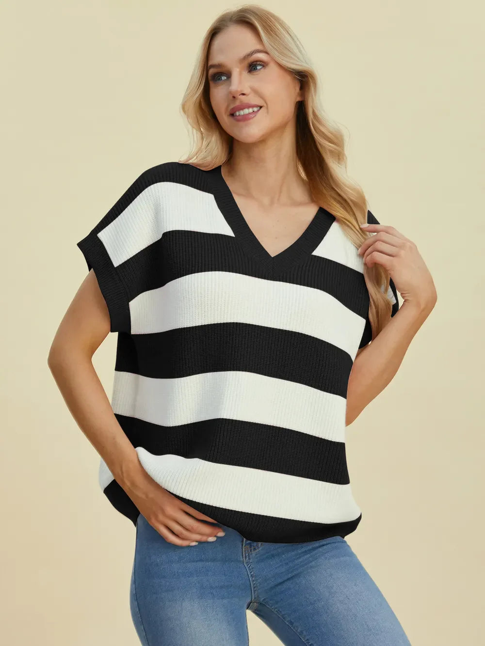 Double Take Striped V-Neck Short Sleeve Sweater