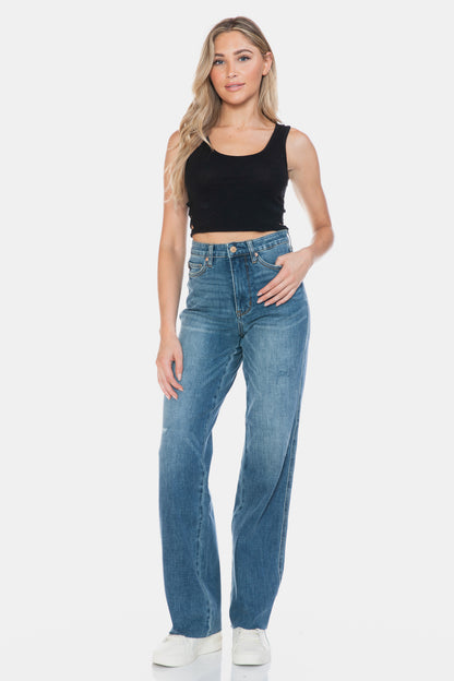 Tummy Control Cut Raw Hem Straight Jeans