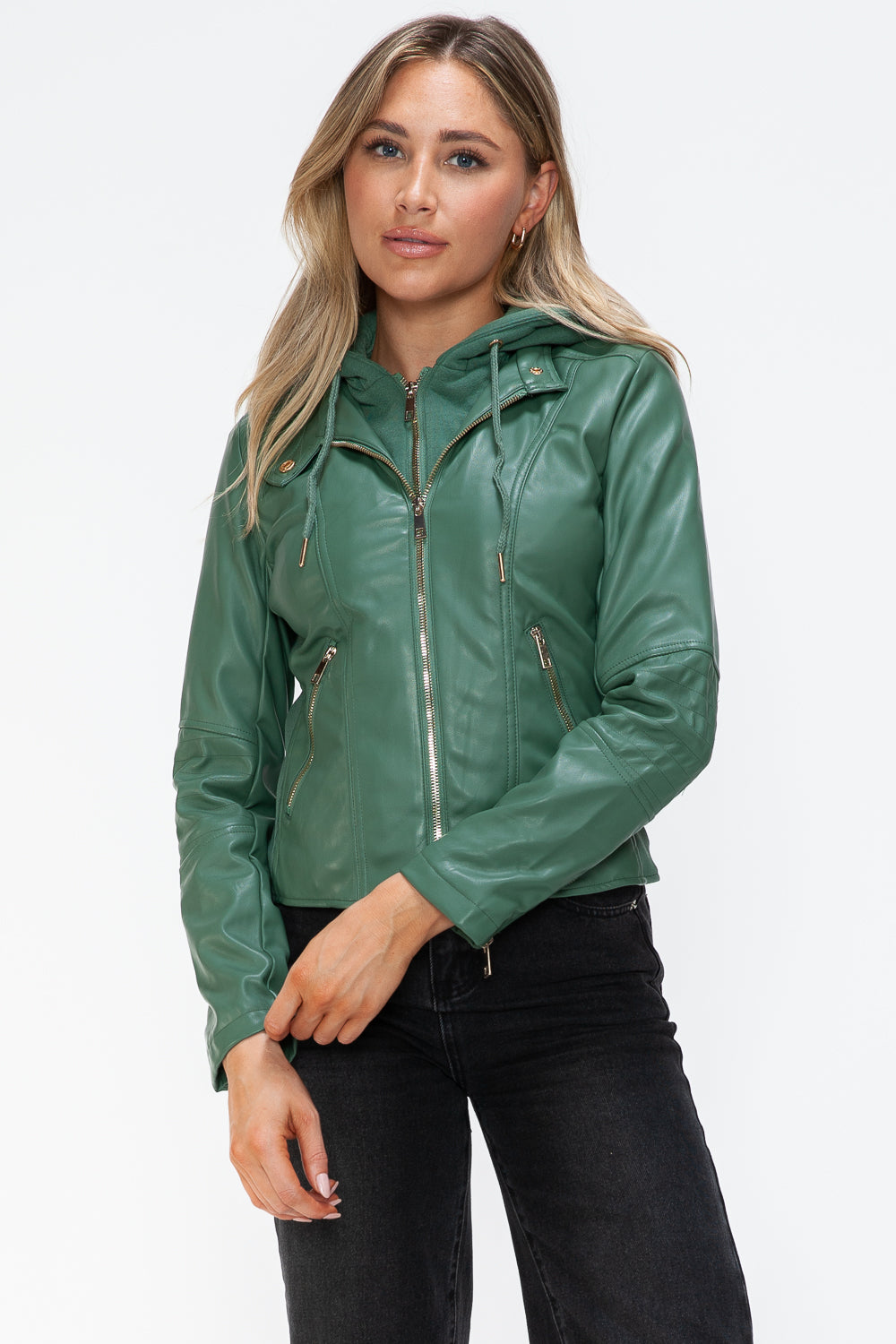 Sage Leather Zip-Up Drawstring Hooded Jacket