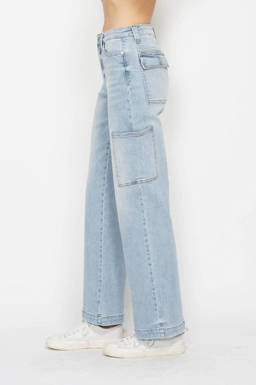 Light Denim High Waist Straight Cargo Jeans