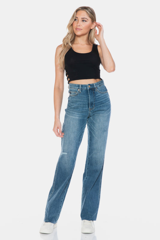 Tummy Control Cut Raw Hem Straight Jeans