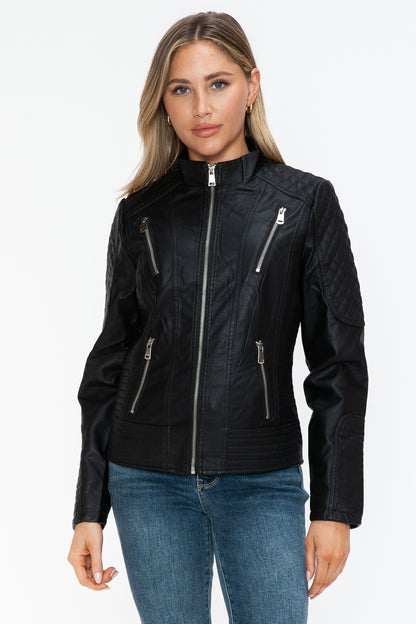 Black Faux Leather Zip-Up Mock Neck Jacket