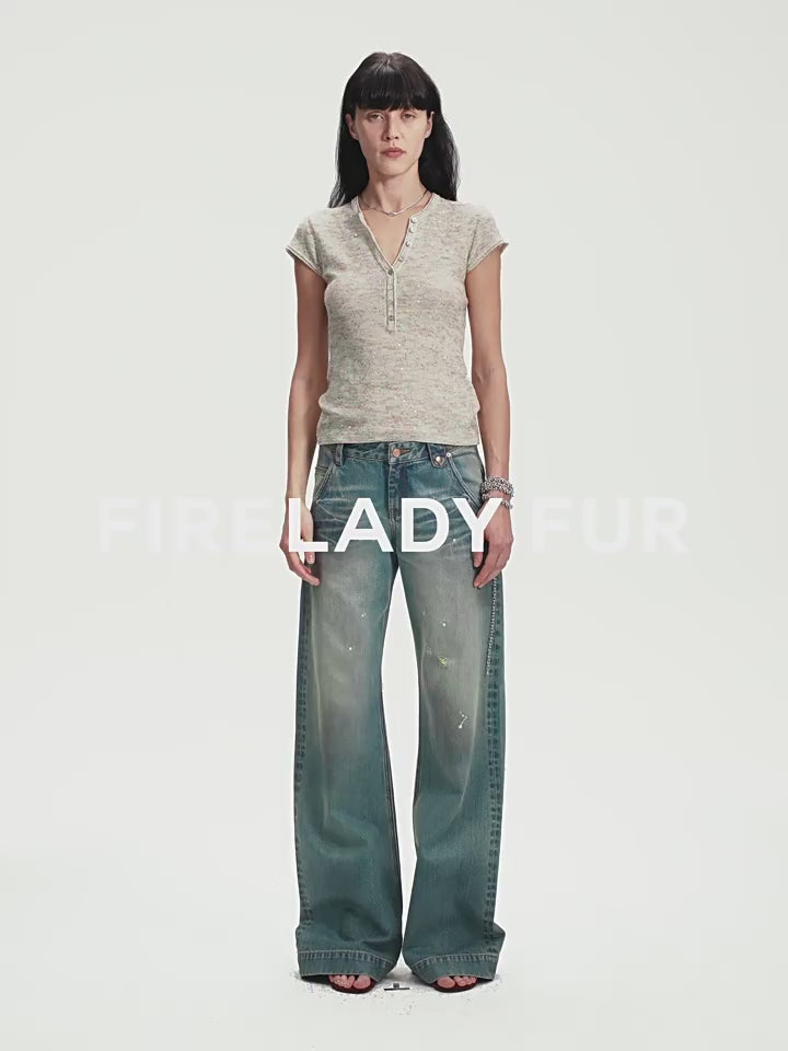 Cotton and Linen Blend Sequined Henley Neck Top ‘Minimalist Light Gap’