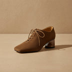 Women's Retro Sheepskin Square Toe Chunky Heel Pumps | Lace-Up Mid Heel