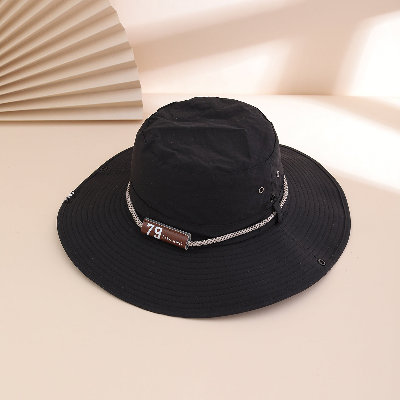 Wide-Brim Leather Patch Fisherman Hat | UV Sun Protection Outdoor Hat
