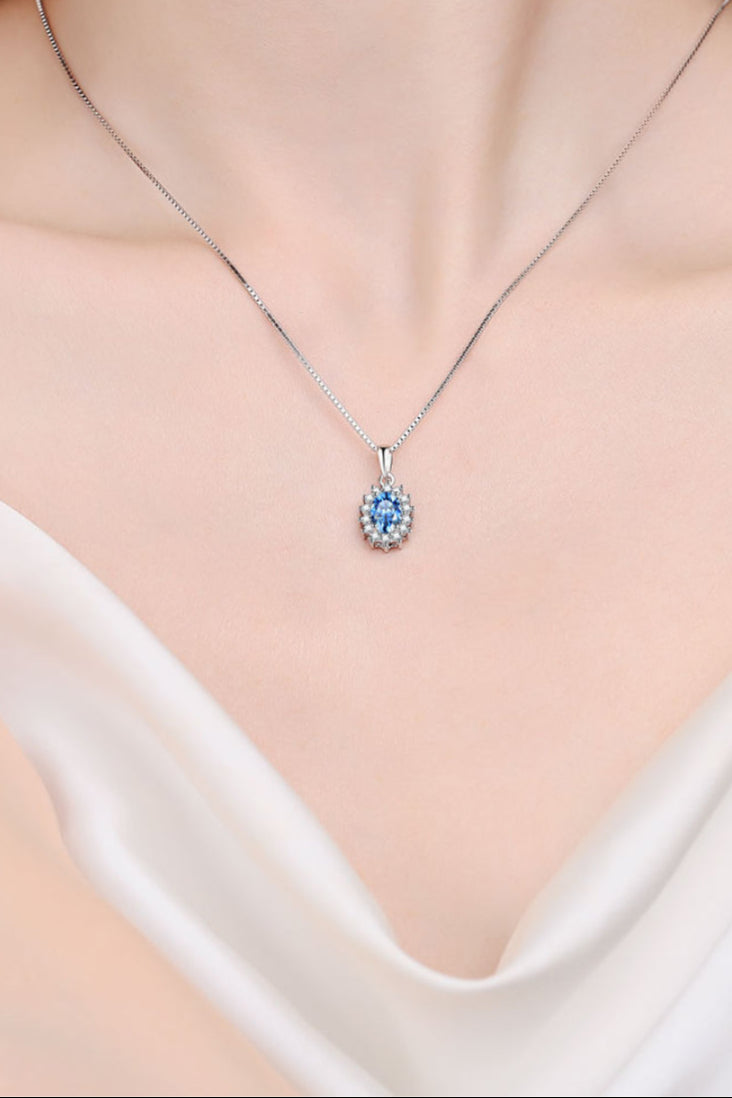 Blue Oval 1 Ct Moissanite Silver Pendant Necklace