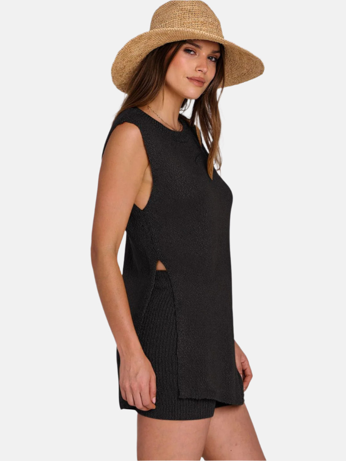 Knitted Side Slit Tank and Shorts Set