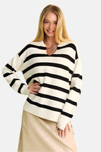 High-Low Side Slit Striped Johnny Collar Sweater