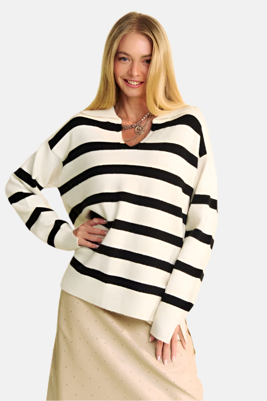 High-Low Side Slit Striped Johnny Collar Sweater