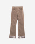 Dark Beige Corduroy Flare Pants with Leopard Print at the Bottom