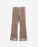 Dark Beige Corduroy Flare Pants with Leopard Print at the Bottom