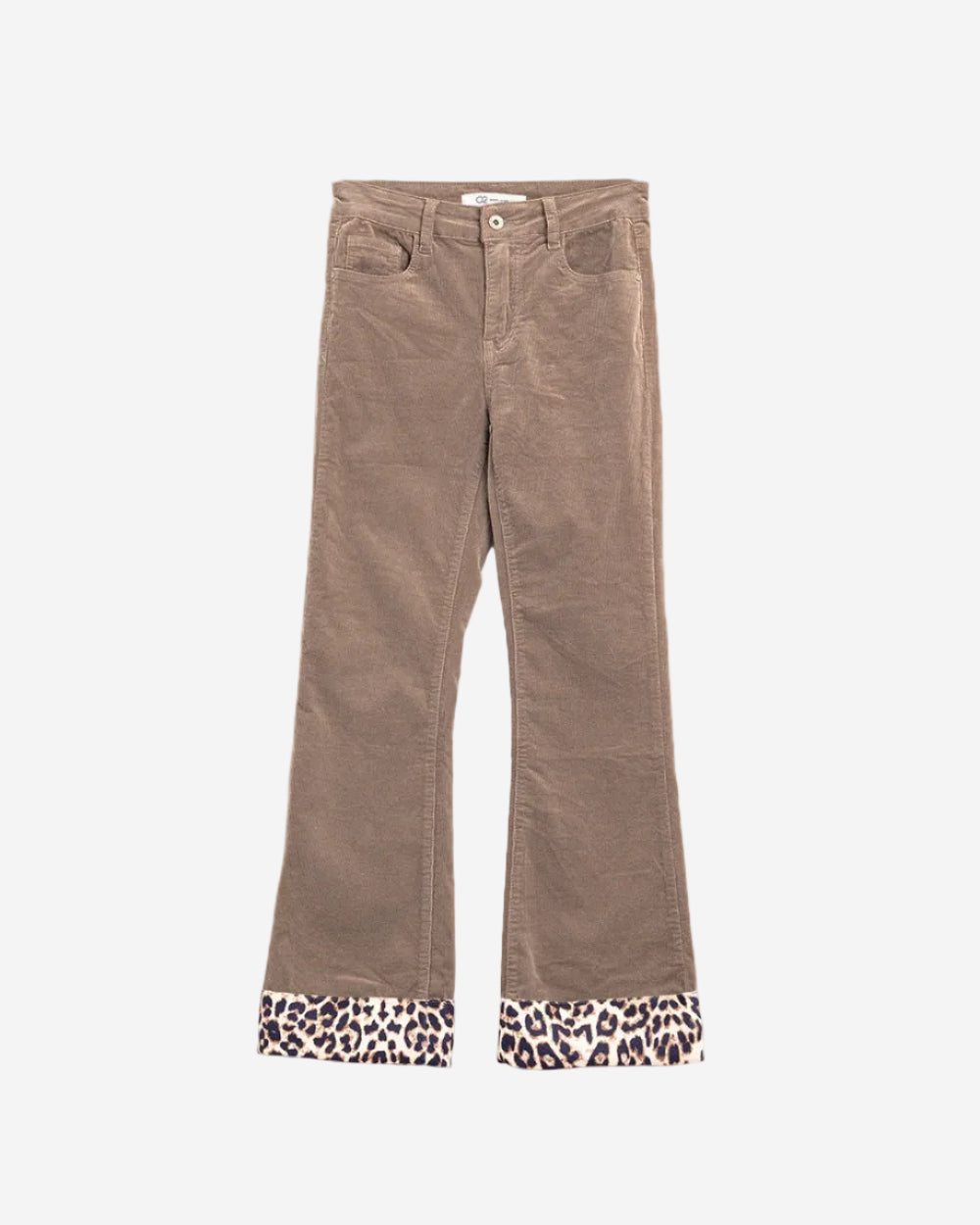 Dark Beige Corduroy Flare Pants with Leopard Print at the Bottom
