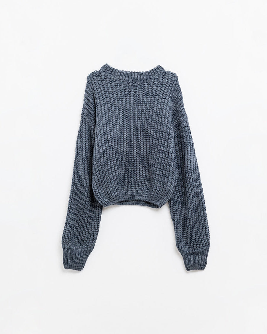 Dark Grey Chunky Knit Sweater with Balloon Sleeves