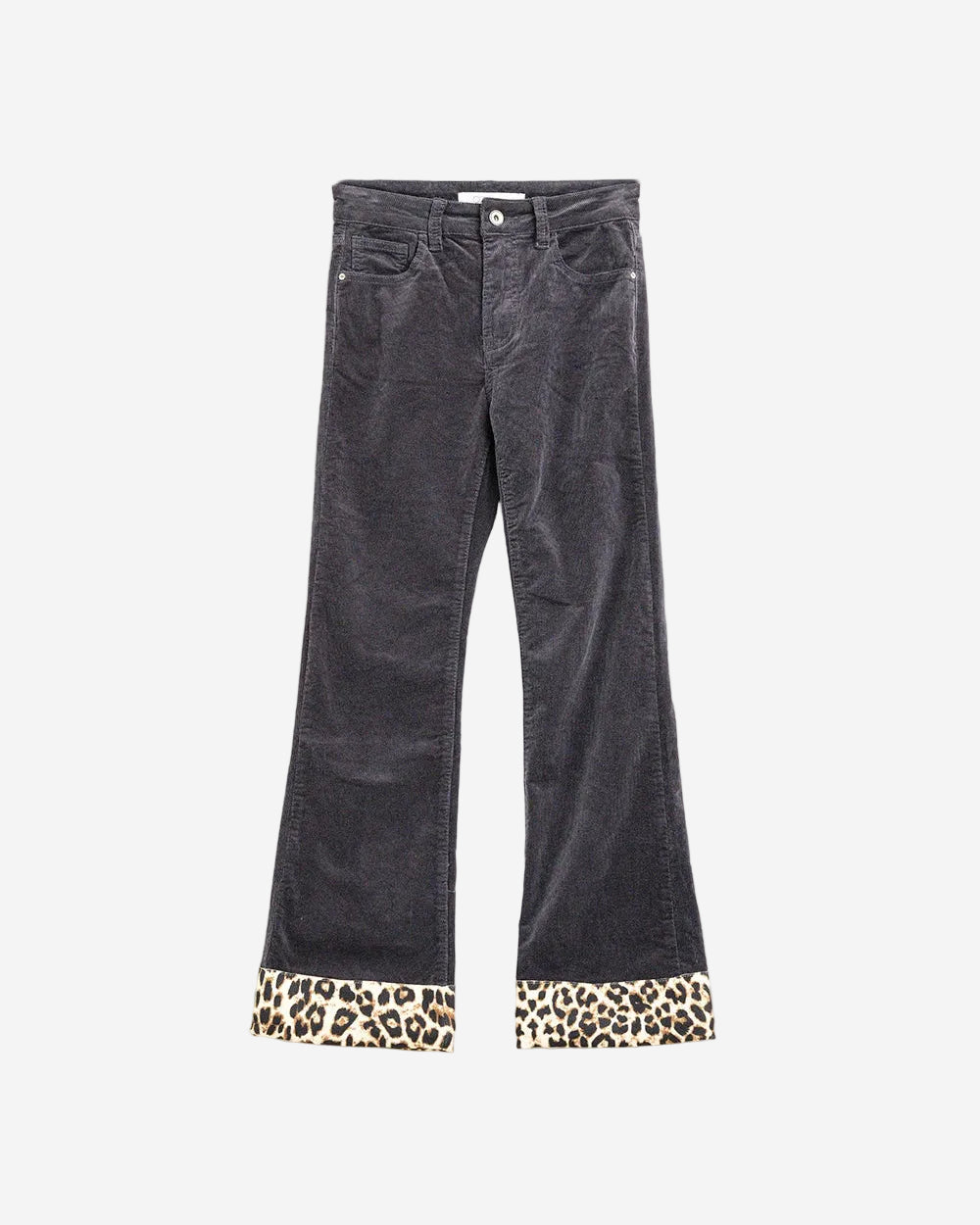 Dark Grey Corduroy Flare Pants with Leopard Print at the Bottom