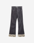 Dark Grey Corduroy Flare Pants with Leopard Print at the Bottom