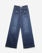 Dark Wash Blue Wide-Leg Denim Jeans with Button Detail