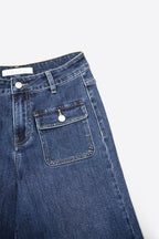 Dark Wash Blue Wide-Leg Denim Jeans with Button Detail