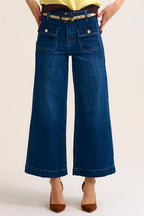 Dark Wash Blue Wide-Leg Denim Jeans with Button Detail