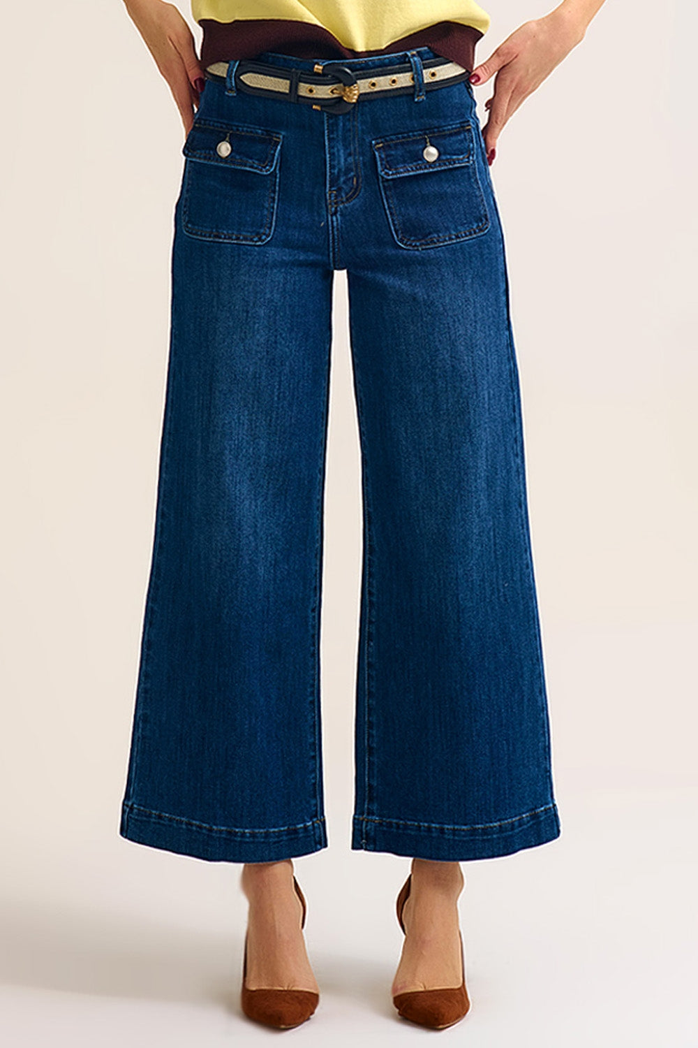 Dark Wash Blue Wide-Leg Denim Jeans with Button Detail