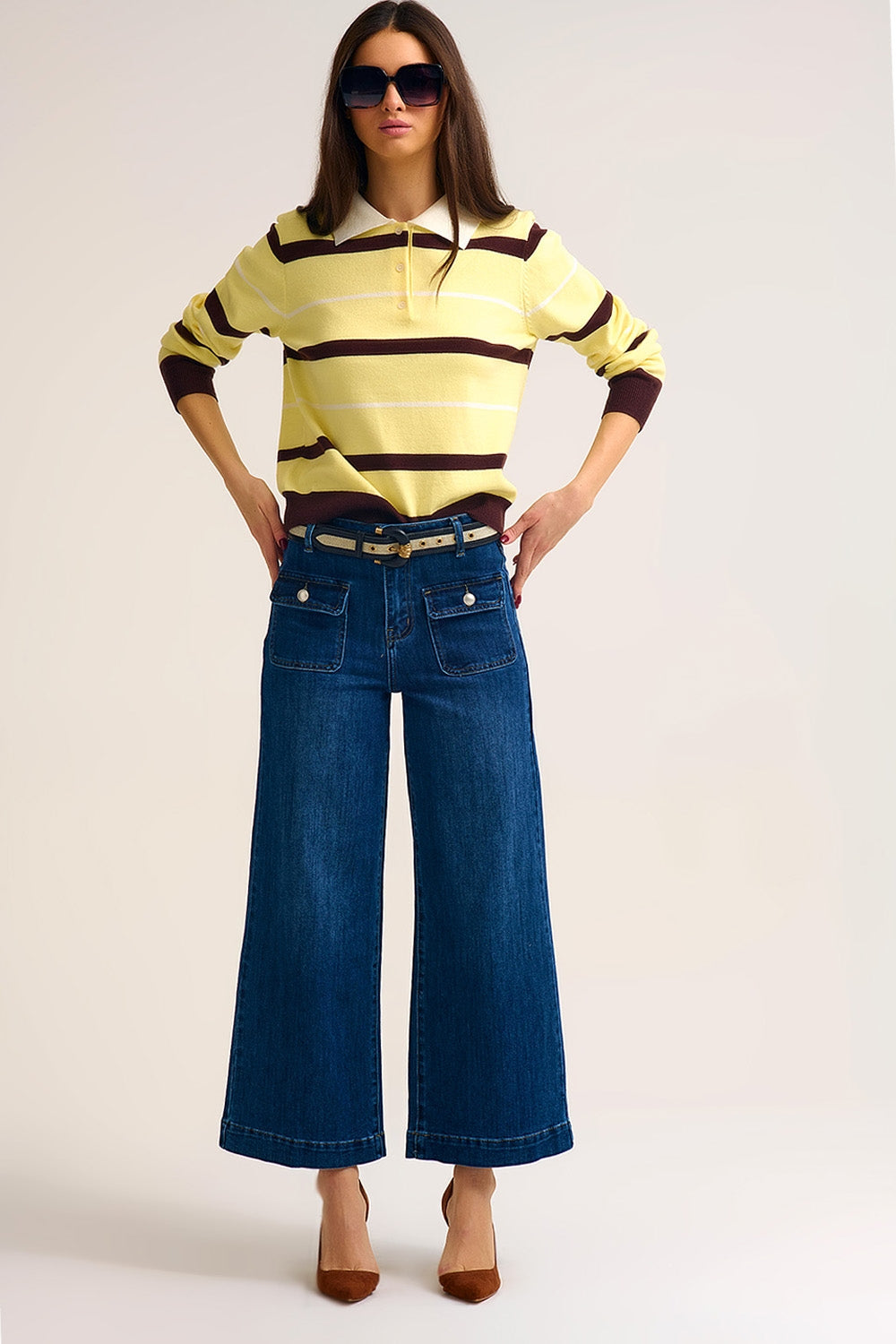Dark Wash Blue Wide-Leg Denim Jeans with Button Detail