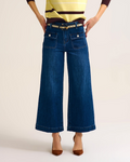 Dark Wash Blue Wide-Leg Denim Jeans with Button Detail
