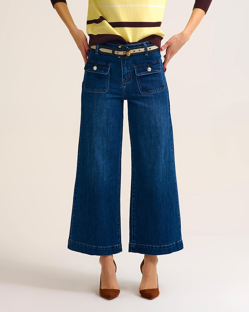 Dark Wash Blue Wide-Leg Denim Jeans with Button Detail