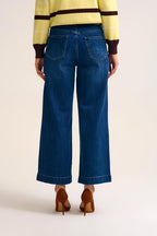 Dark Wash Blue Wide-Leg Denim Jeans with Button Detail