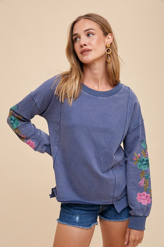 Blue Embroidered Long Sleeve French Terry Top