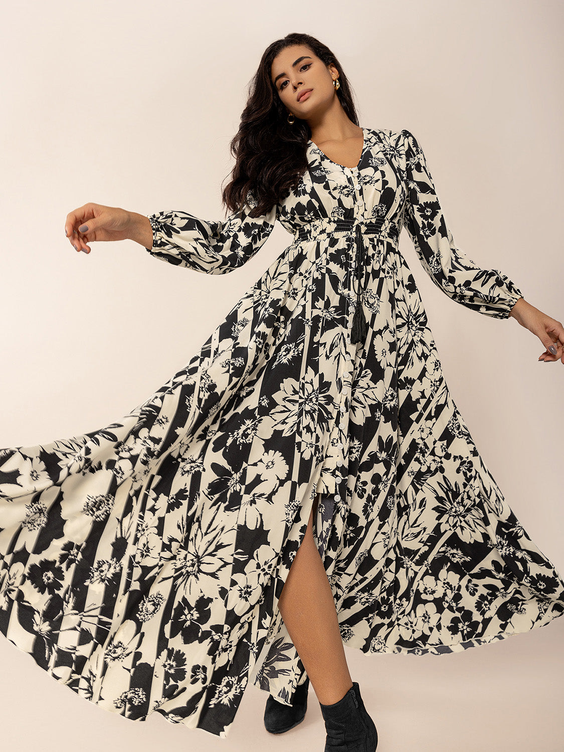 Floral Print Tied V-Neck Long Sleeve Midi Dress