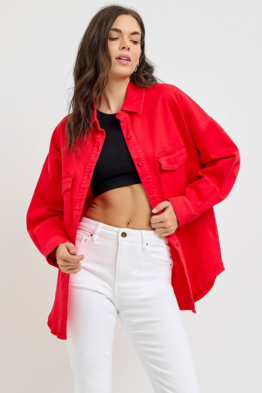 Button Down Long Sleeve Denim Shacket with Pockets