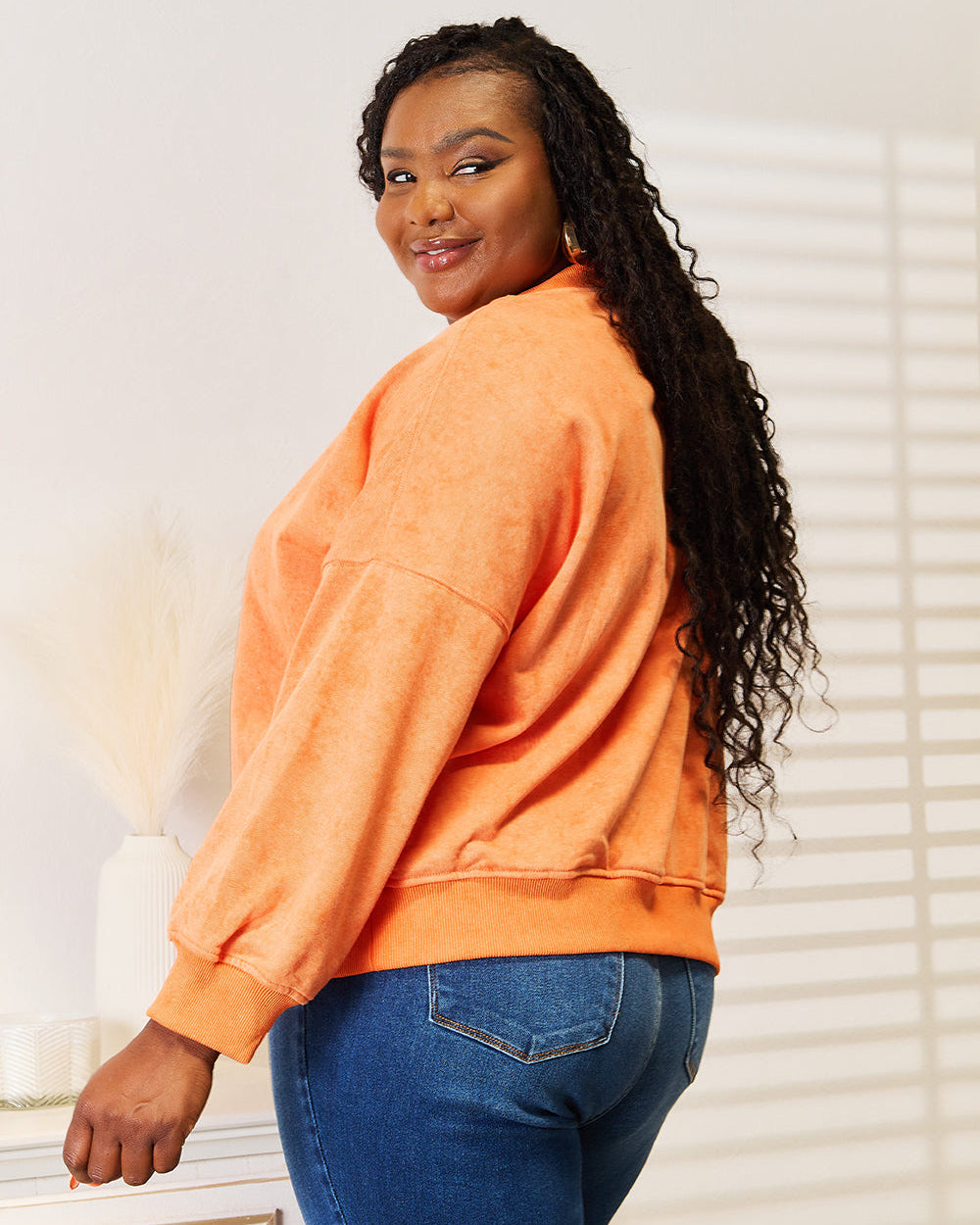 Basic Bae Round Neck Dropped Shoulder Sweatshirt | Orange