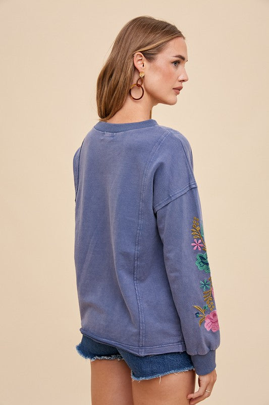 Blue Embroidered Long Sleeve French Terry Top