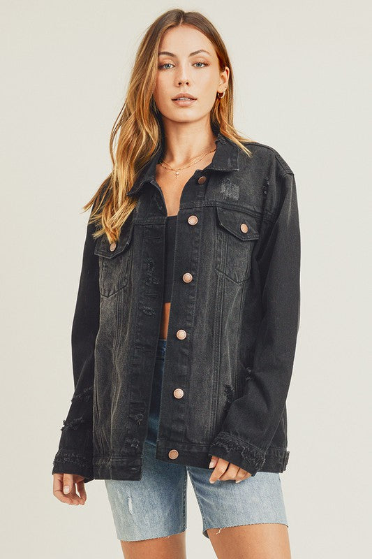 Black Distressed Long Sleeve Denim Jacket