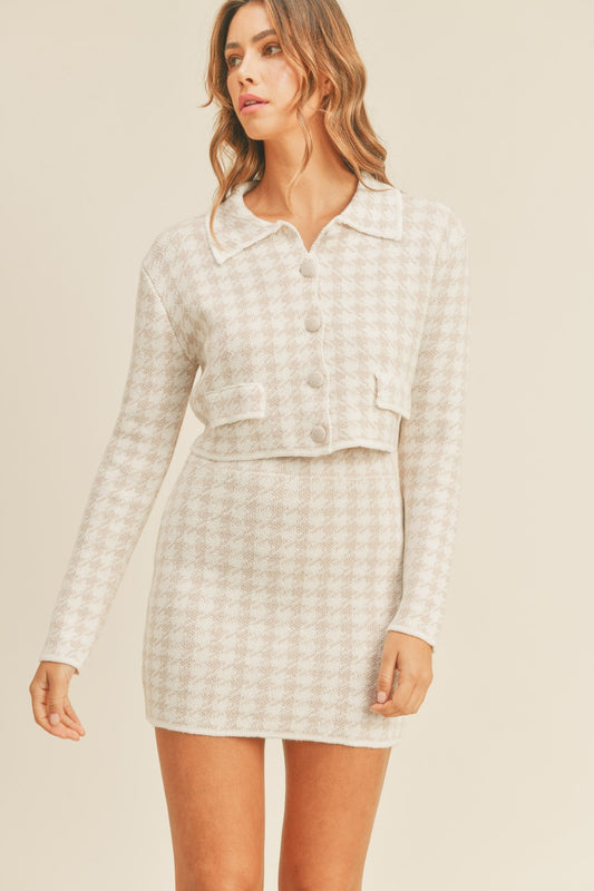 Houndstooth Cropped Knit Cardigan and Mini Skirt Set Dusty Pink