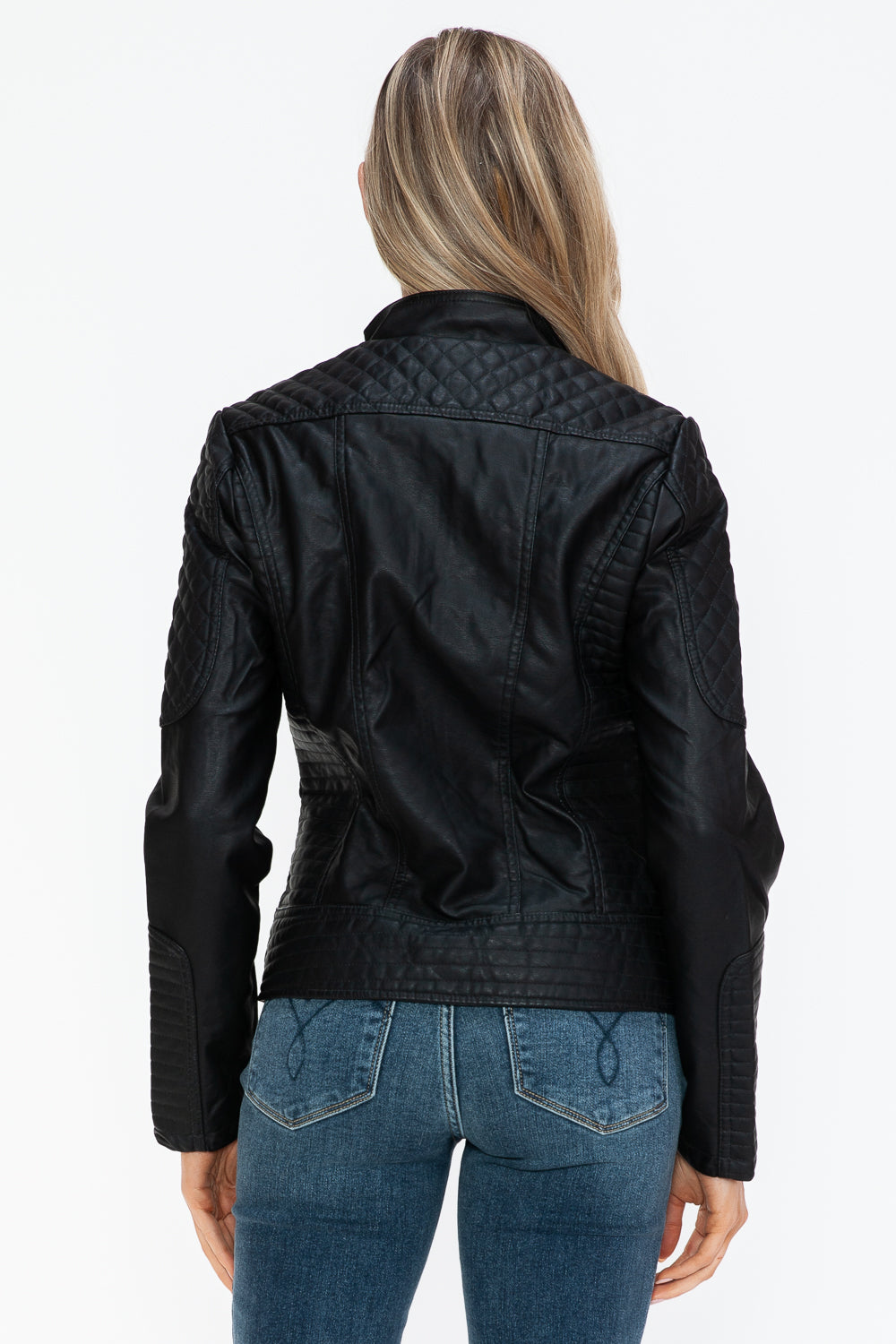 Black Faux Leather Zip-Up Mock Neck Jacket