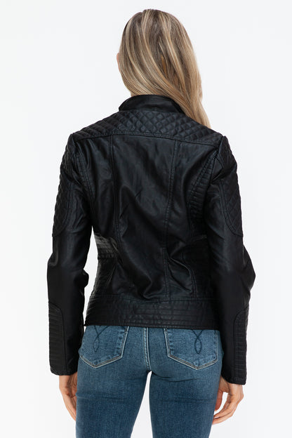 Black Faux Leather Zip-Up Mock Neck Jacket