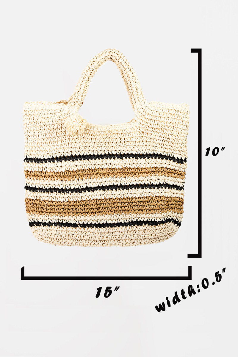 Ivory Striped Straw Braided Tote Bag