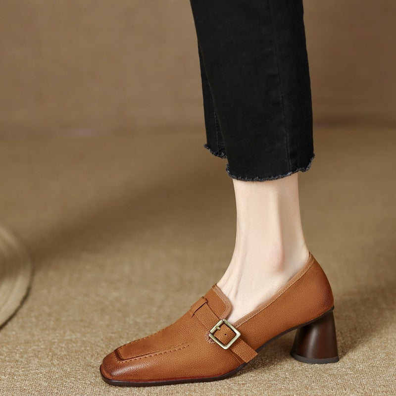 Women's Retro British Style Chunky Heel Leather Shoes | Round Toe Commuter