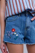 Denim Mid Wash Blue Short with Floral Design