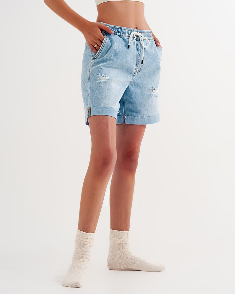 Denim Shorts with Elastic Waist in Wash Blue