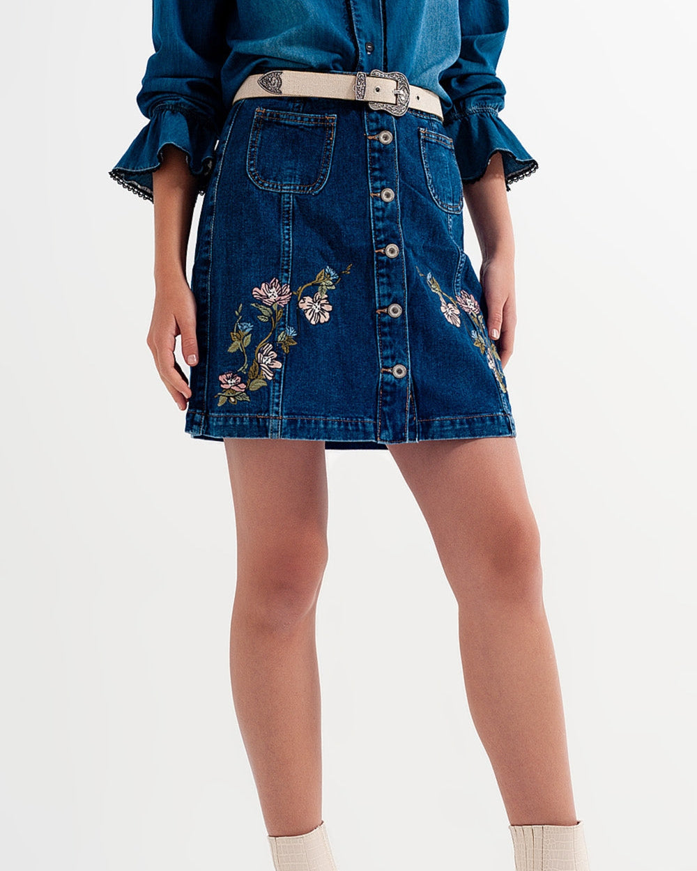 Denim Skirt with Flower Embroidery and Front Buttons
