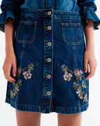 Denim Skirt with Flower Embroidery and Front Buttons