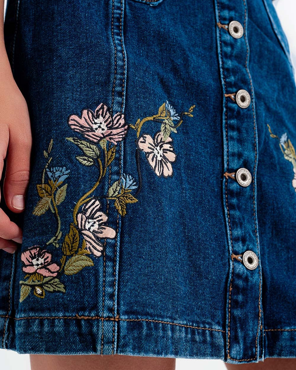 Denim Skirt with Flower Embroidery and Front Buttons