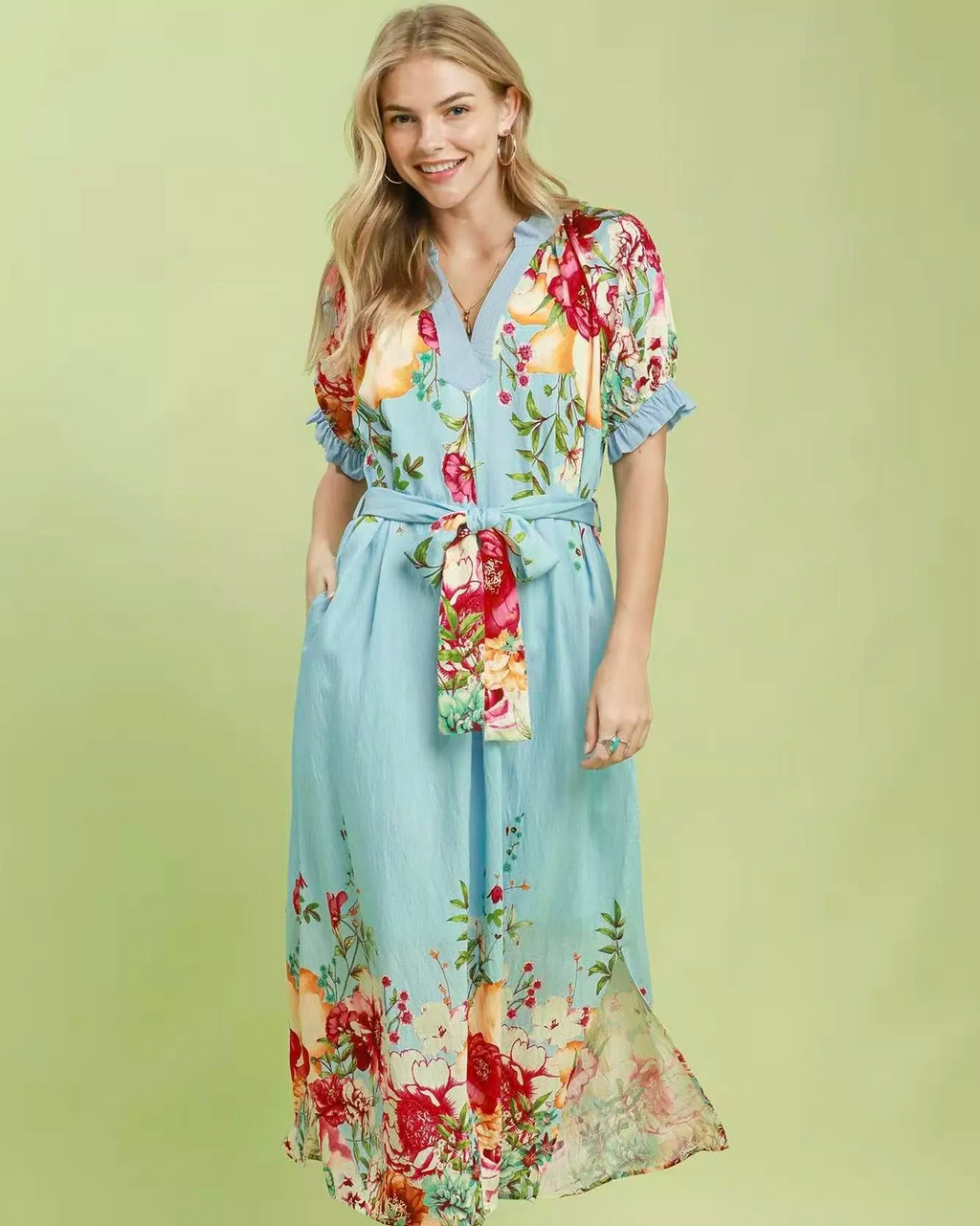 Umgee Mix Floral Border Print Midi Dress
