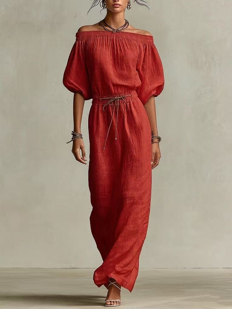 Women's Linen Pants Suit | Solid Color Lantern Sleeve Set