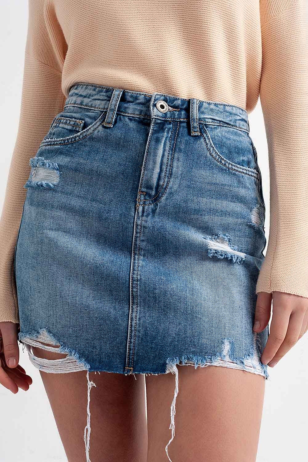Distressed Hem Denim Mini Skirt