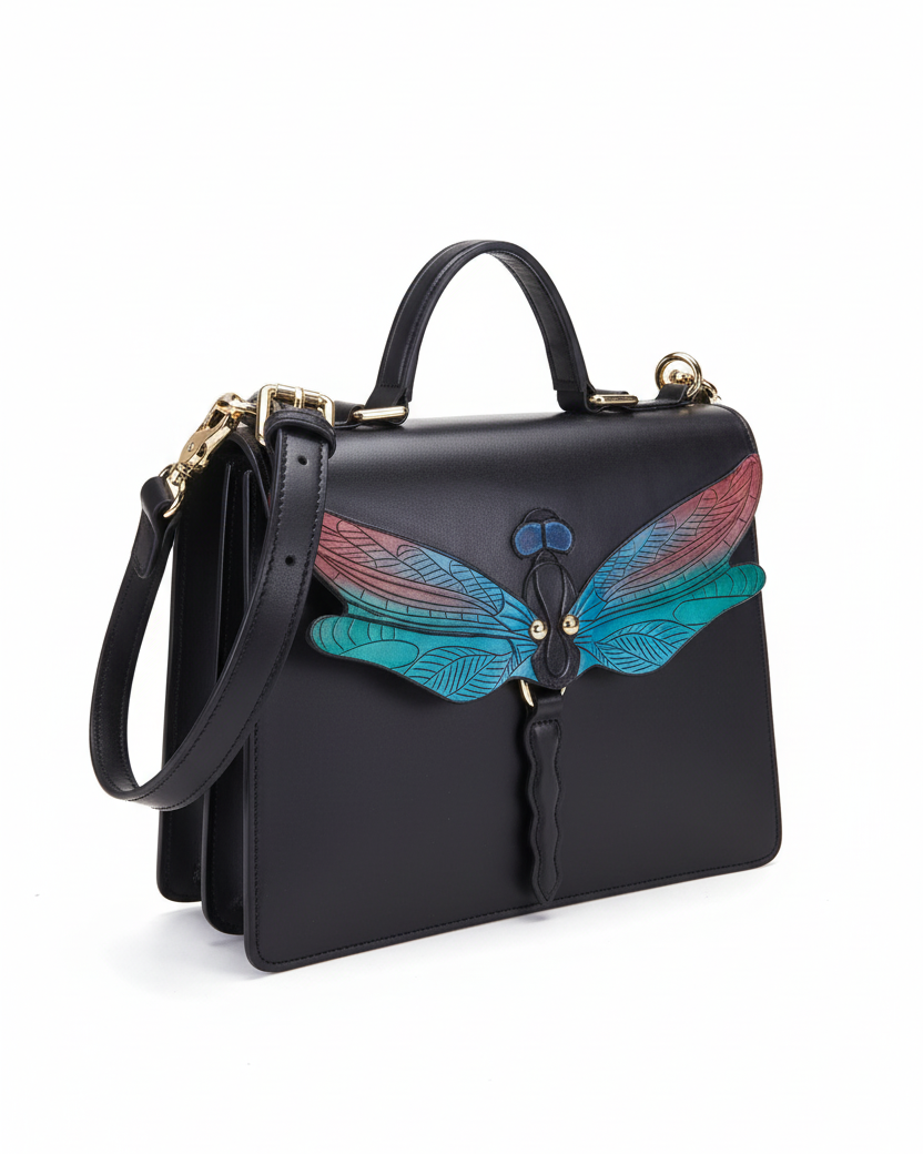 Dragonfly Black Top Handle Bag