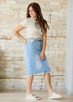 Drew Raw Hem Midi Denim Skirt